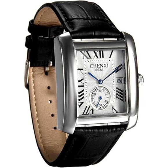 Mens Square Watch, Vintage Leather Cuff Watch, Roman Numeral Analog Quartz - Picture 7 of 7